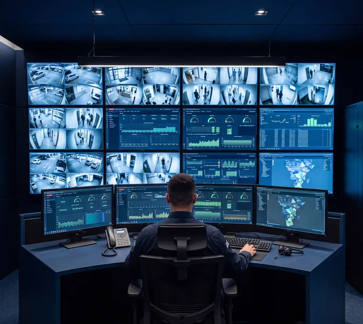 Operador em uma sala de monitoramento diante de telas com imagens de câmeras de segurança e painéis de supervisão.